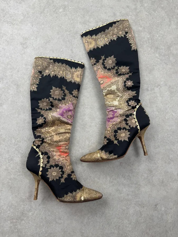SS2003 Roberto Cavalli Embroidered Chinese Heels Boots XmGHaPU 0
