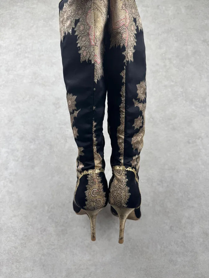 SS2003 Roberto Cavalli Embroidered Chinese Heels Boots XmGHaPU 7