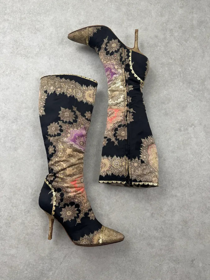 SS2003 Roberto Cavalli Embroidered Chinese Heels Boots XmGHaPU 1