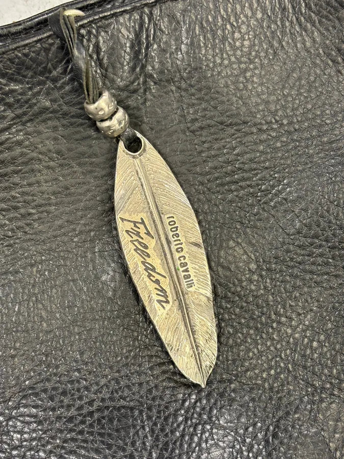 Roberto Cavalli Feather Black Grained Leather Handle Bag rbEqXwM 4