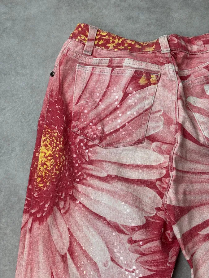 2000s Roberto Cavalli Fuchsia Cotton Floral Sequin Pants RNGFZDy 7