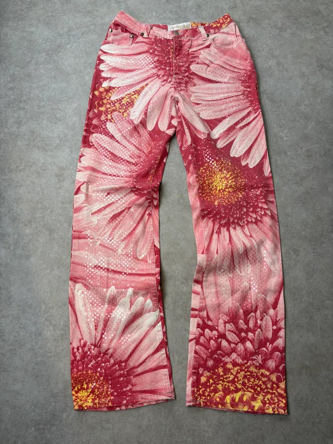 2000s Roberto Cavalli Fuchsia Cotton Floral Sequin Pants RNGFZDy 0