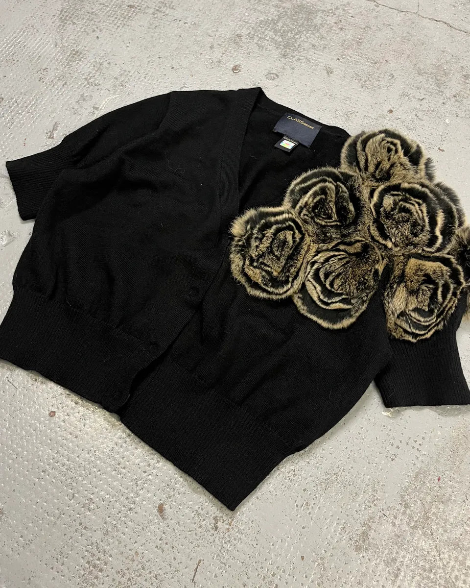 Roberto Cavalli Fur Roses Black Wool Short Sleeves Cardigan iTOqAEs 3
