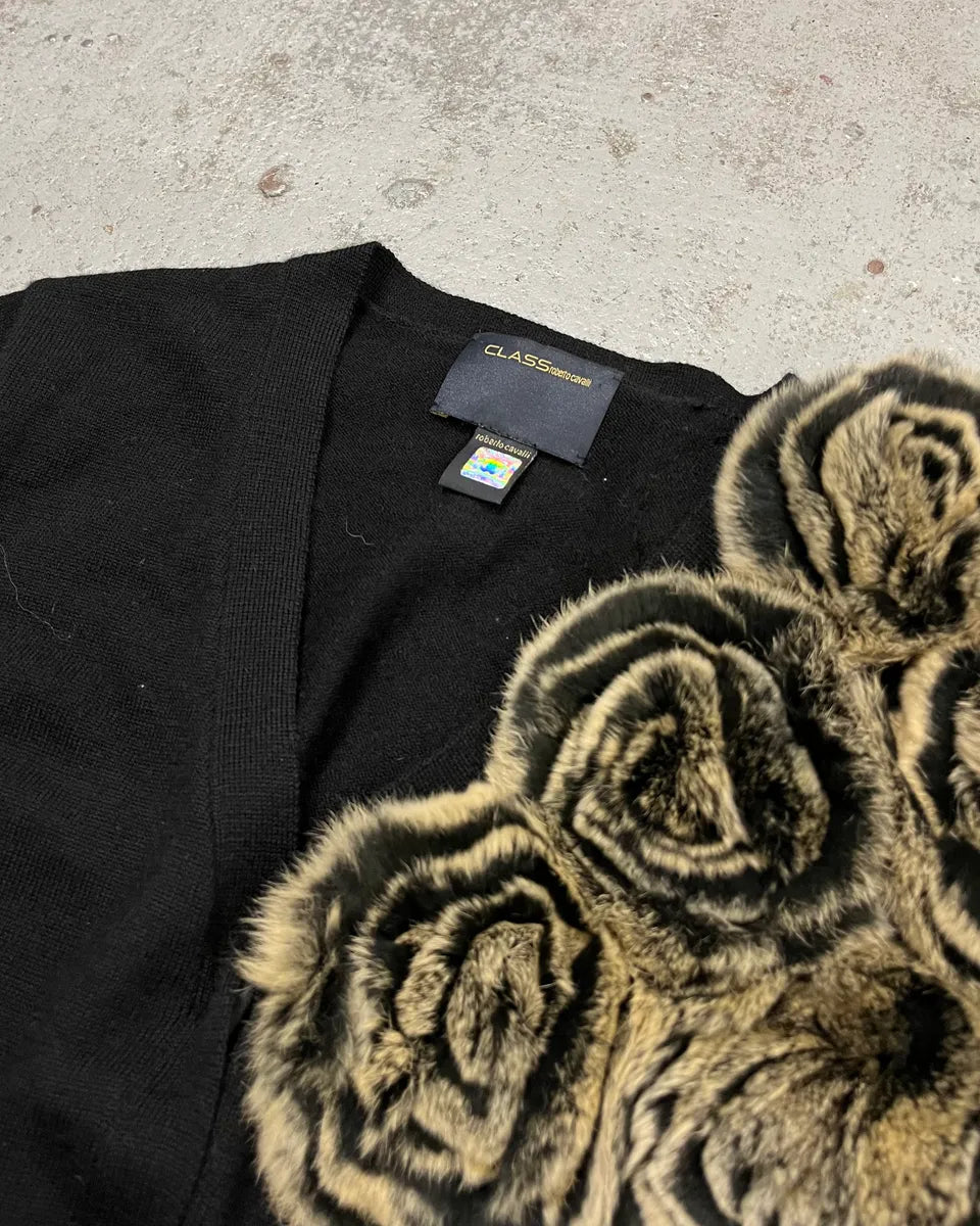 Roberto Cavalli Fur Roses Black Wool Short Sleeves Cardigan iTOqAEs 4