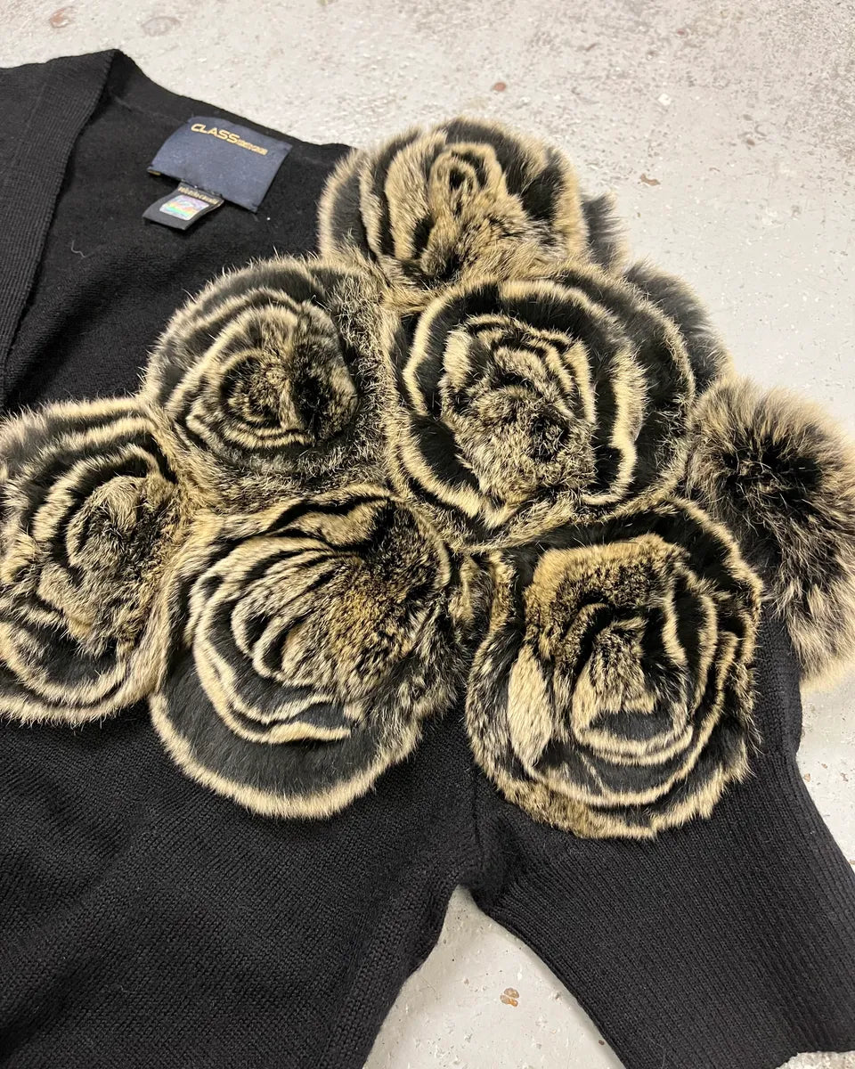 Roberto Cavalli Fur Roses Black Wool Short Sleeves Cardigan iTOqAEs 5