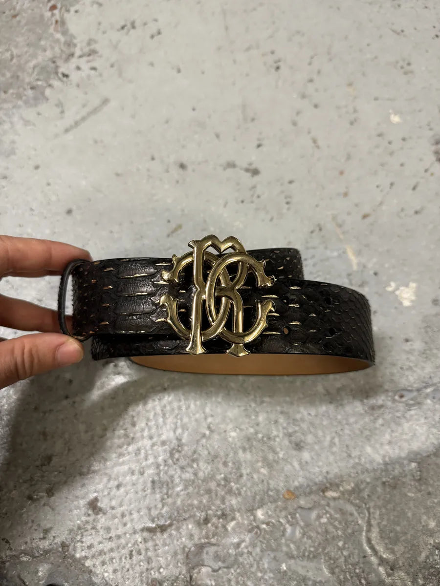 Roberto Cavalli Gold Buckle Python Embossed Leather Grey Belt pCcuQdo 4
