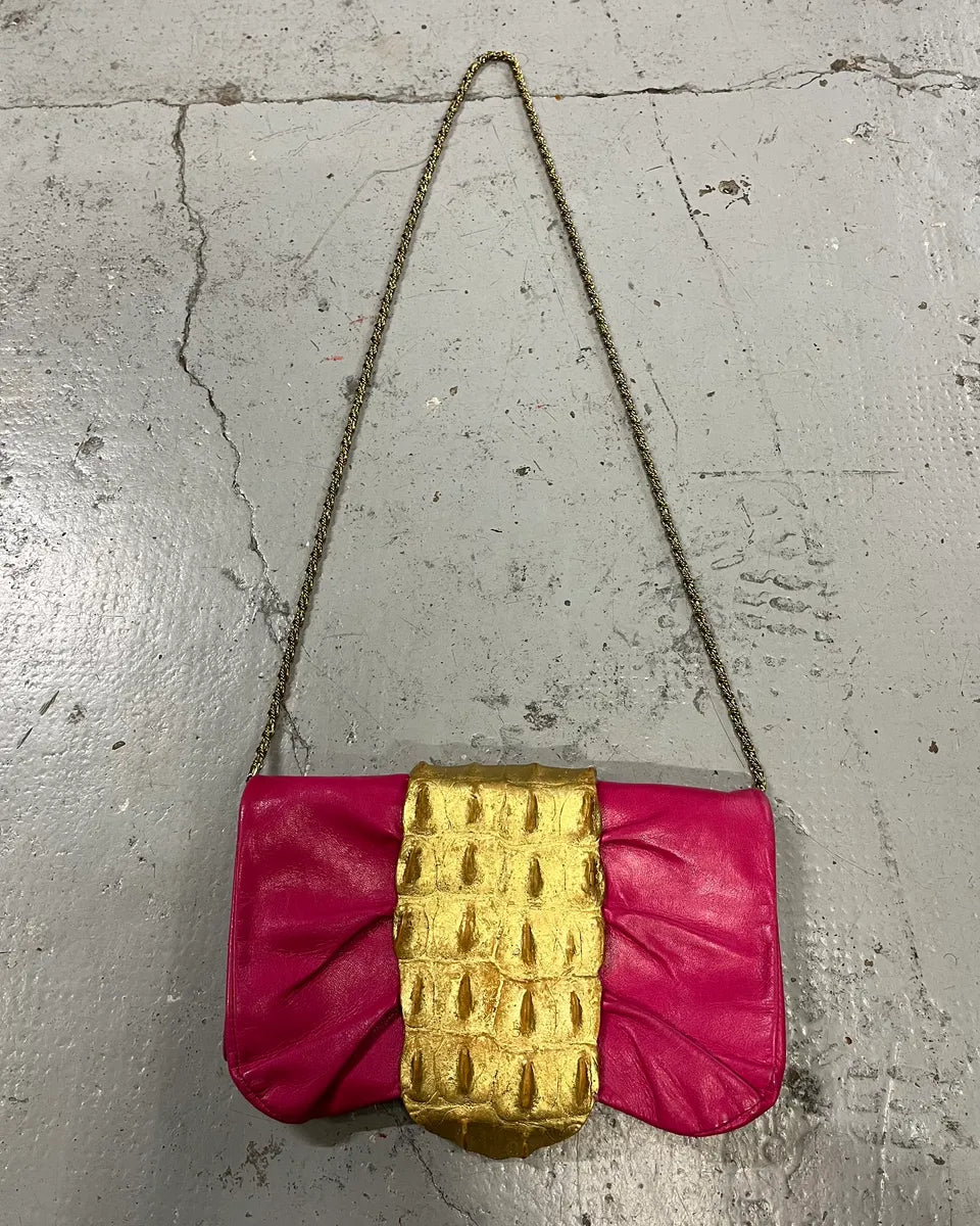 Roberto Cavalli Gold Crocodile Embossed Clutch Fushia Leather Bag GVvcYuu 0