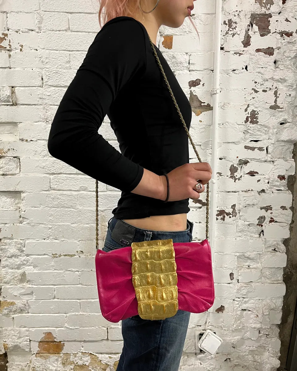 Roberto Cavalli Gold Crocodile Embossed Clutch Fushia Leather Bag GVvcYuu 1