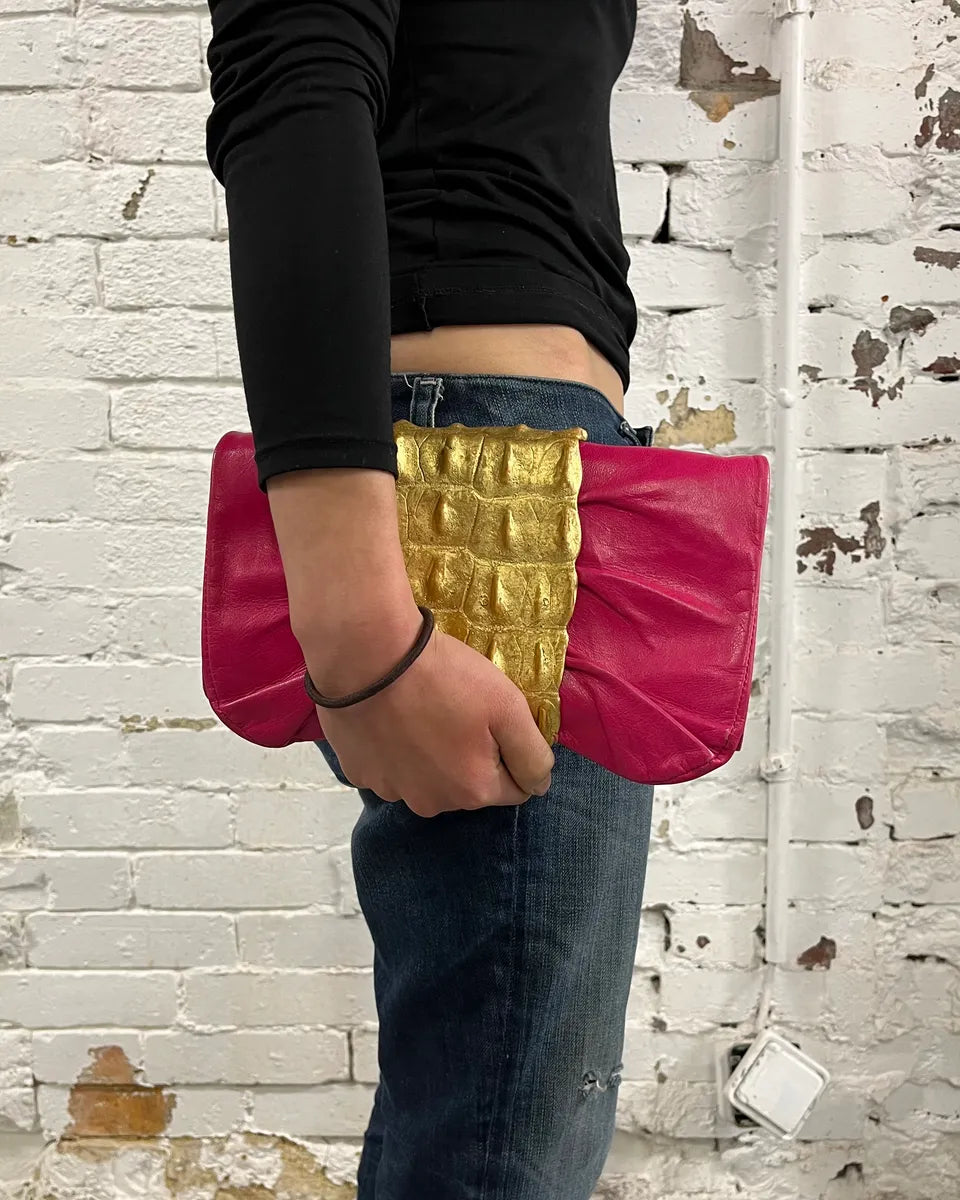Roberto Cavalli Gold Crocodile Embossed Clutch Fushia Leather Bag GVvcYuu 2