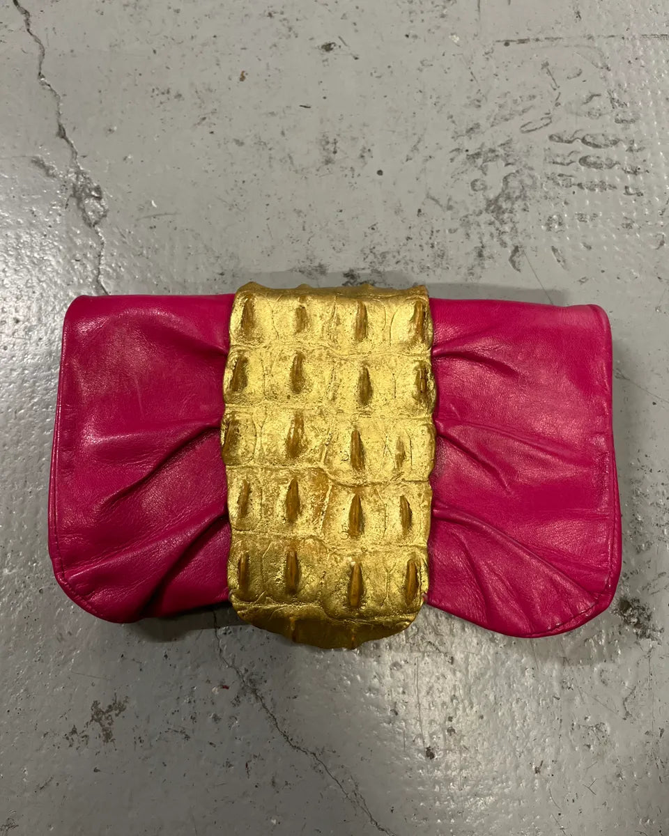 Roberto Cavalli Gold Crocodile Embossed Clutch Fushia Leather Bag GVvcYuu 3