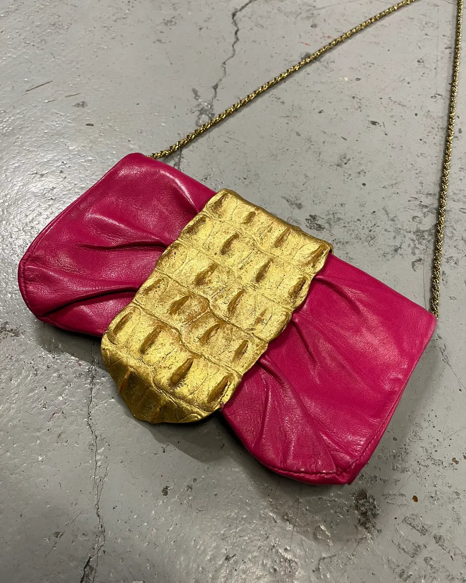 Roberto Cavalli Gold Crocodile Embossed Clutch Fushia Leather Bag GVvcYuu 4