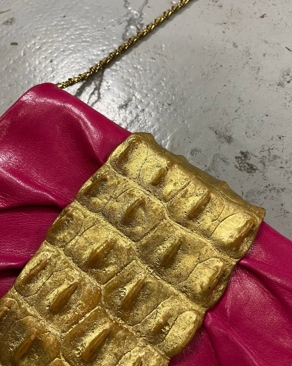 Roberto Cavalli Gold Crocodile Embossed Clutch Fushia Leather Bag GVvcYuu 5