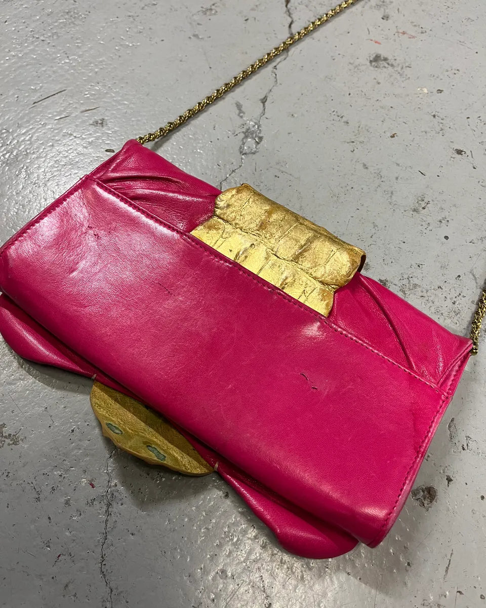 Roberto Cavalli Gold Crocodile Embossed Clutch Fushia Leather Bag GVvcYuu 8