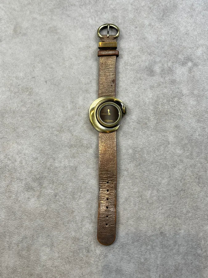 Roberto Cavalli Gold Leather Rotating Bezel Watch hdPuelF 0