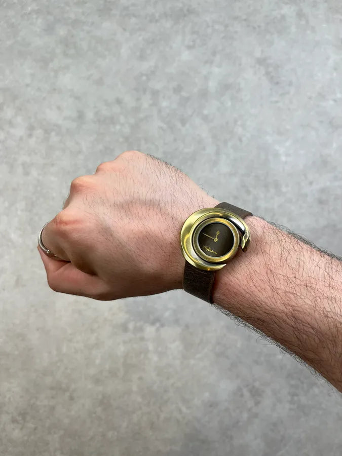 Roberto Cavalli Gold Leather Rotating Bezel Watch hdPuelF 1