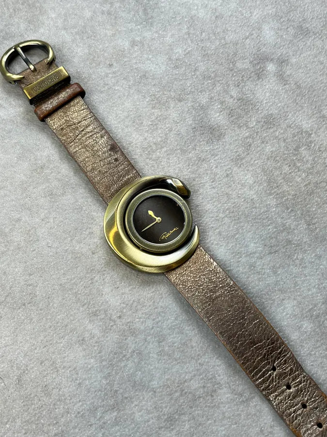 Roberto Cavalli Gold Leather Rotating Bezel Watch hdPuelF 3