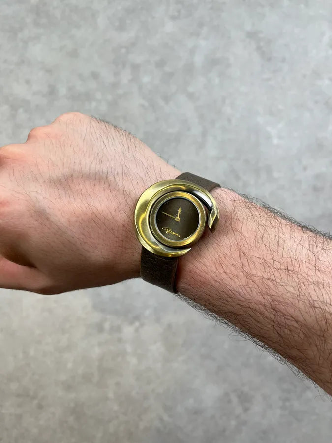 Roberto Cavalli Gold Leather Rotating Bezel Watch hdPuelF 8