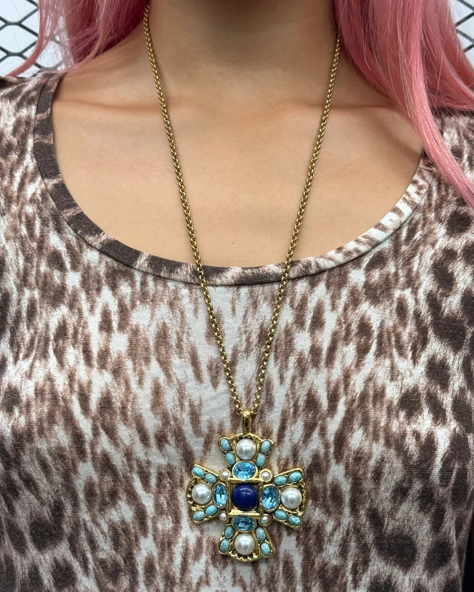Roberto Cavalli Gold Metal Cross Pearl Enamel Necklace mnCEjjD 1