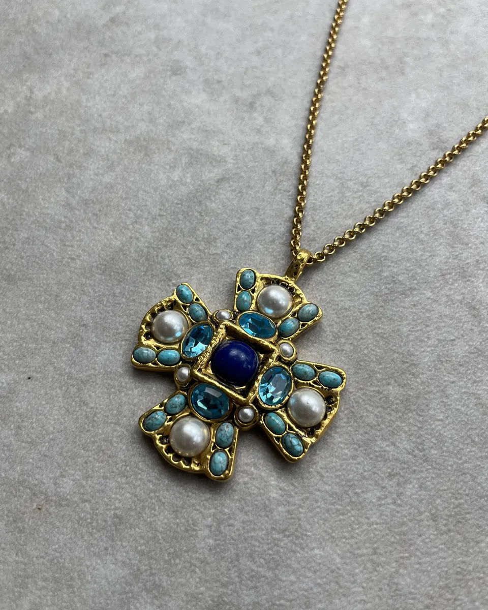Roberto Cavalli Gold Metal Cross Pearl Enamel Necklace mnCEjjD 2