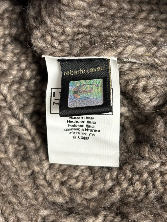AW2007 Cavalli Grey Wool Cable Knit Logo Buttoned Sweater yBHvUoK 9