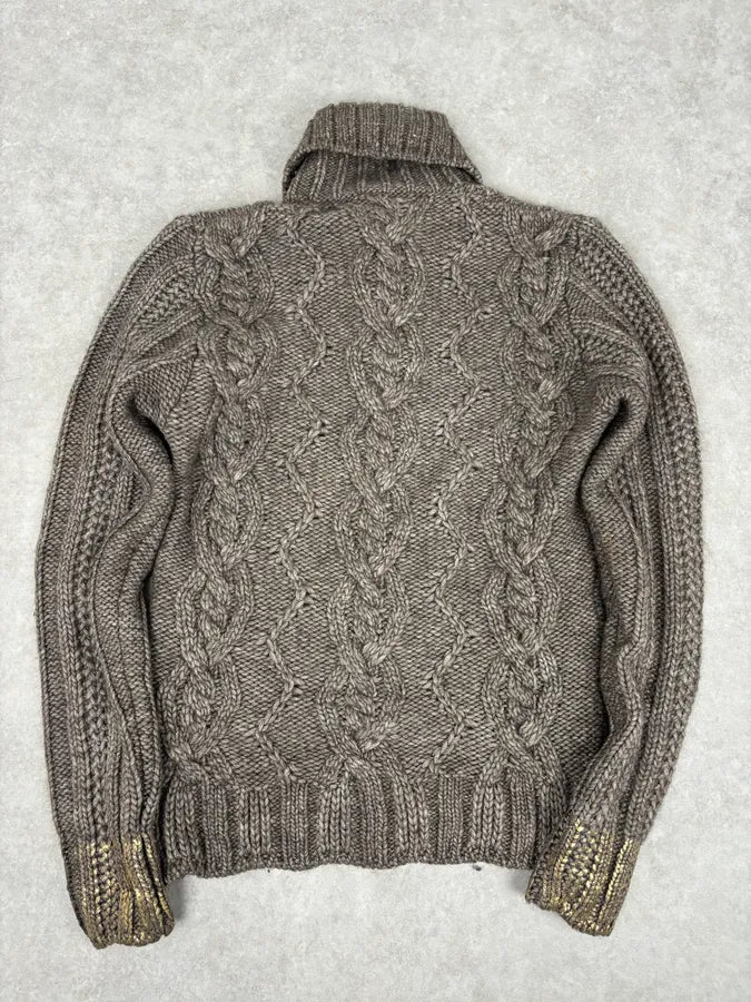 AW2007 Cavalli Grey Wool Cable Knit Logo Buttoned Sweater yBHvUoK 4