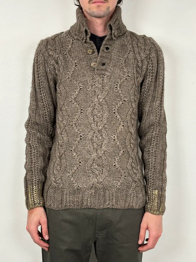 AW2007 Cavalli Grey Wool Cable Knit Logo Buttoned Sweater yBHvUoK 1