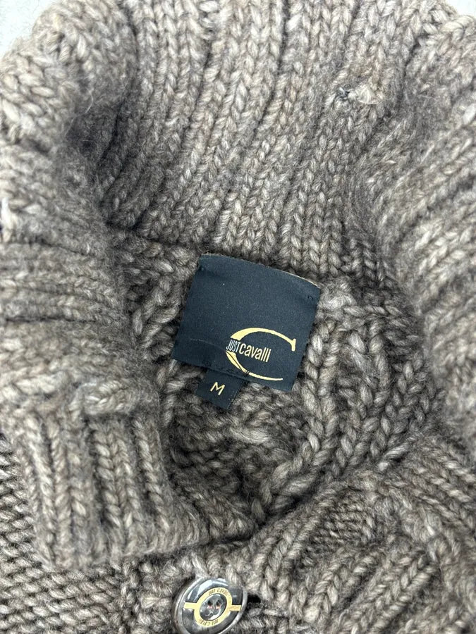 AW2007 Cavalli Grey Wool Cable Knit Logo Buttoned Sweater yBHvUoK 8