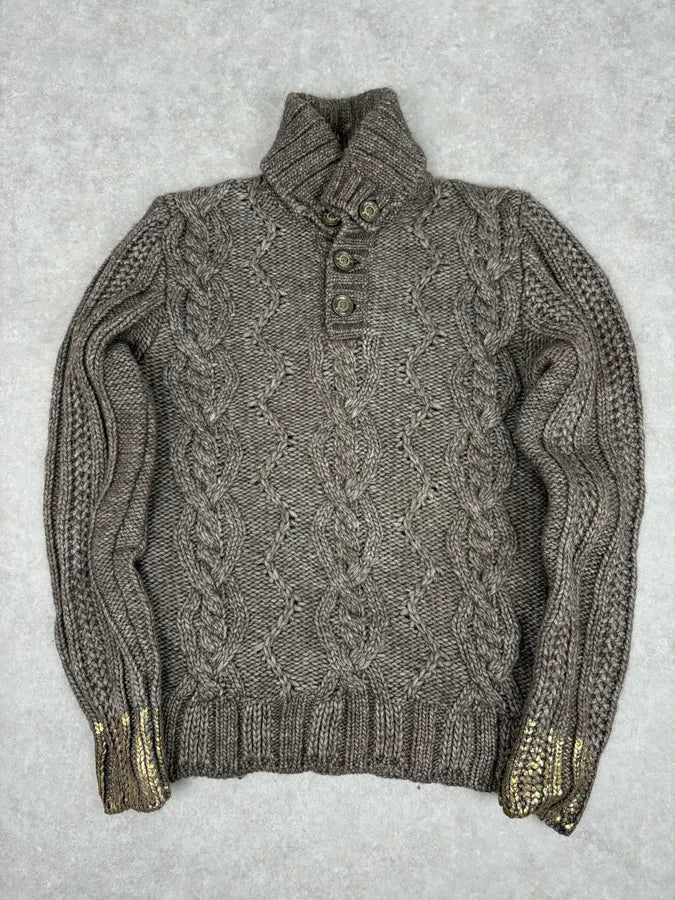 AW2007 Cavalli Grey Wool Cable Knit Logo Buttoned Sweater yBHvUoK 0