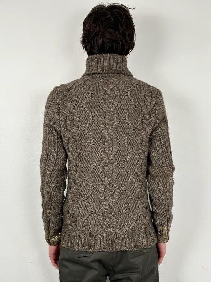 AW2007 Cavalli Grey Wool Cable Knit Logo Buttoned Sweater yBHvUoK 2