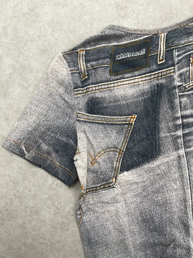 2000s Roberto Cavalli Grey Trompe LOeil Denim Print T-Shirt SGkcIjV 7