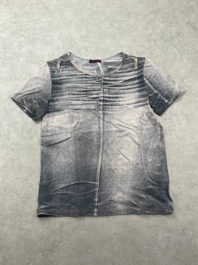 2000s Roberto Cavalli Grey Trompe LOeil Denim Print T-Shirt SGkcIjV 0