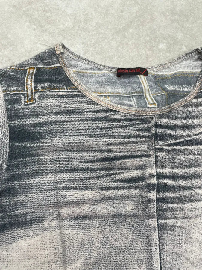 2000s Roberto Cavalli Grey Trompe LOeil Denim Print T-Shirt SGkcIjV 5