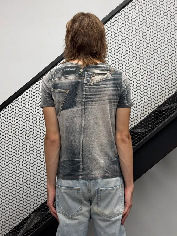 2000s Roberto Cavalli Grey Trompe LOeil Denim Print T-Shirt SGkcIjV 2