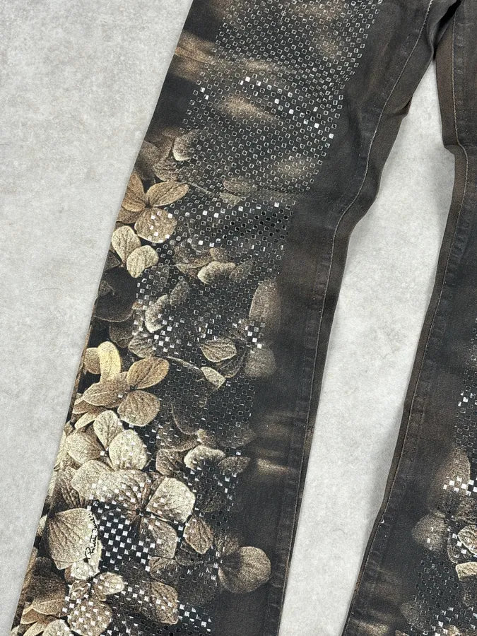 AW1999 Roberto Cavalli Grey & Gold Spectrum Flower Straight Jeans CJrkHLJ 9