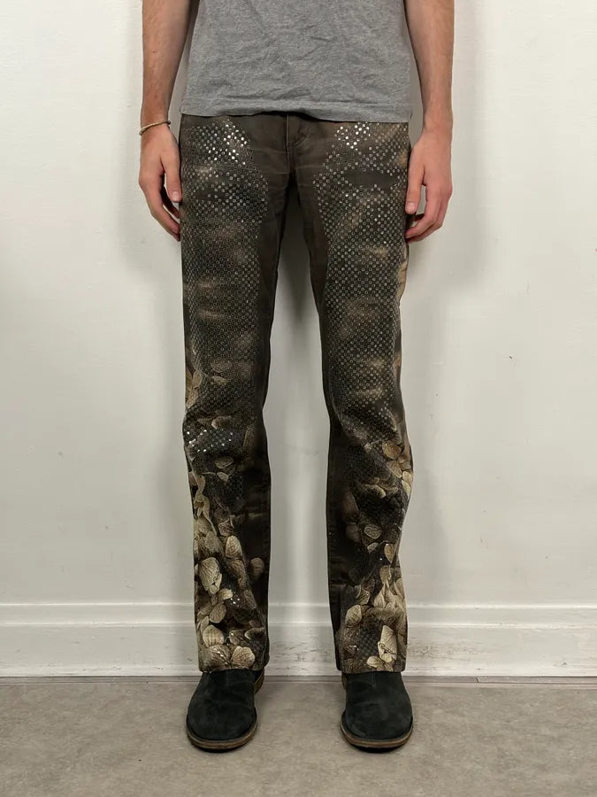 AW1999 Roberto Cavalli Grey & Gold Spectrum Flower Straight Jeans CJrkHLJ 1