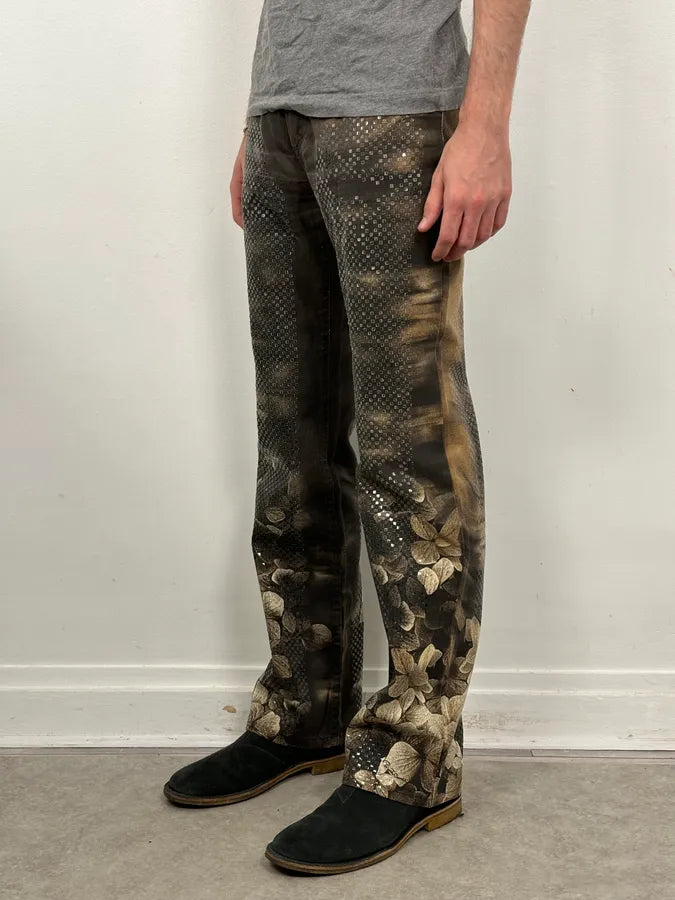 AW1999 Roberto Cavalli Grey & Gold Spectrum Flower Straight Jeans CJrkHLJ 2