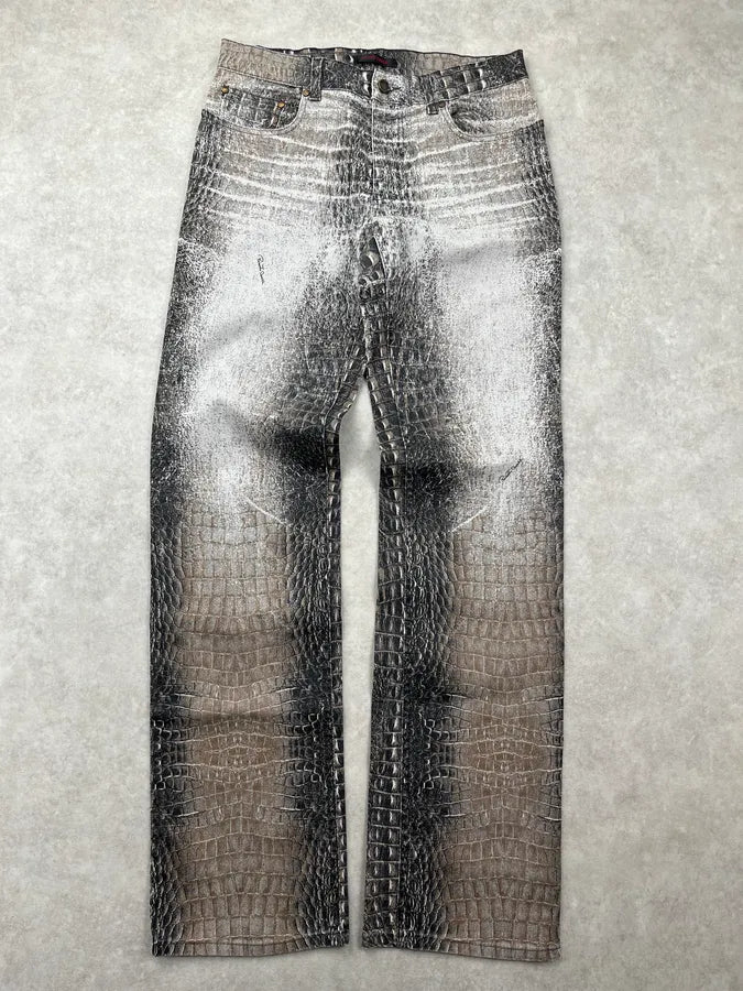 2000s Roberto Cavalli Grey Crocodile Effect Sand Pants LSEUnQJ 3