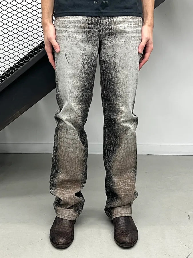 2000s Roberto Cavalli Grey Crocodile Effect Sand Pants LSEUnQJ 0