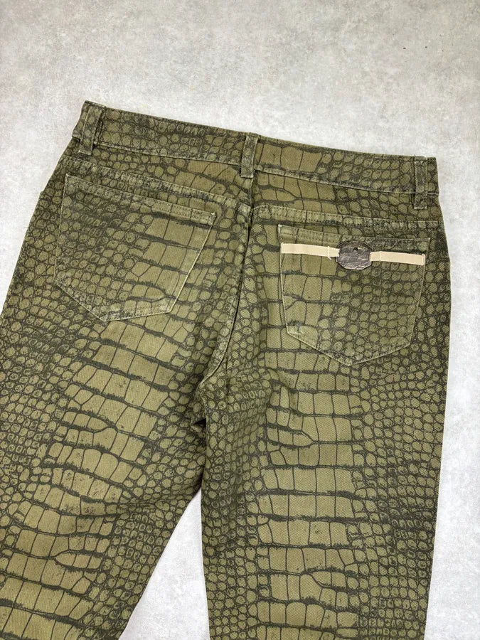 AW2001 Roberto Cavalli Khaki Green Crocodile Effect Pants sYbiqdk 6