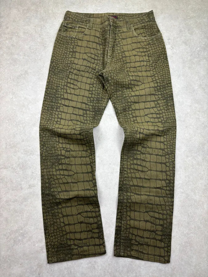 AW2001 Roberto Cavalli Khaki Green Crocodile Effect Pants sYbiqdk 0
