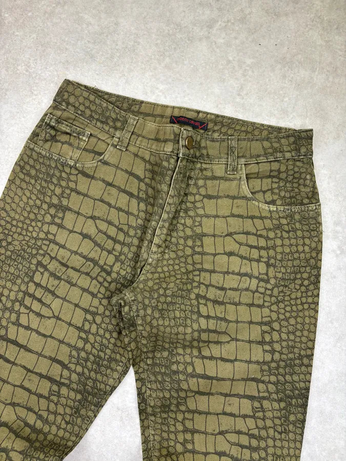 AW2001 Roberto Cavalli Khaki Green Crocodile Effect Pants sYbiqdk 4