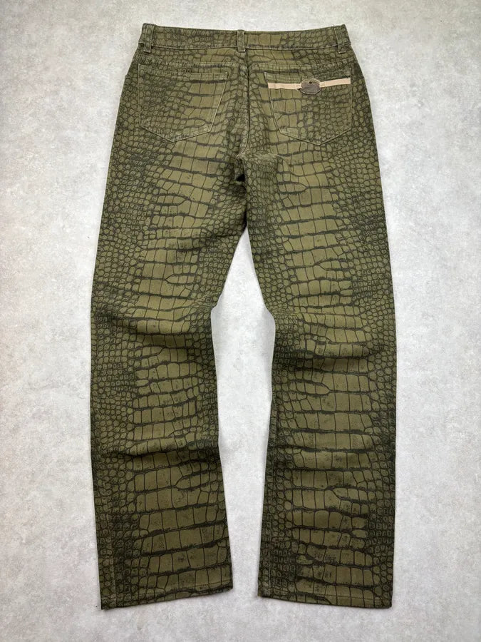 AW2001 Roberto Cavalli Khaki Green Crocodile Effect Pants sYbiqdk 5