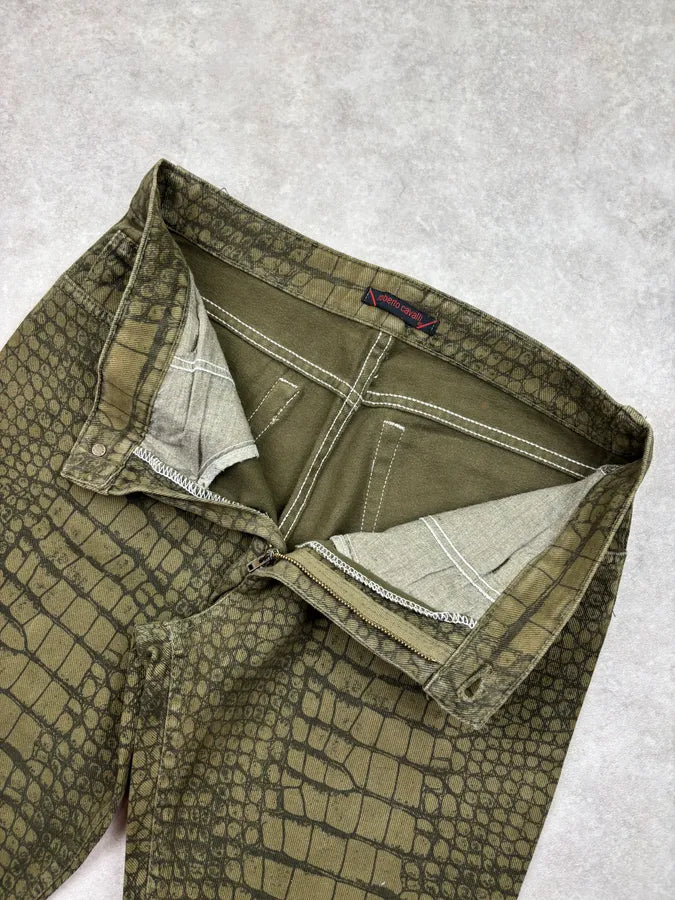 AW2001 Roberto Cavalli Khaki Green Crocodile Effect Pants sYbiqdk 8