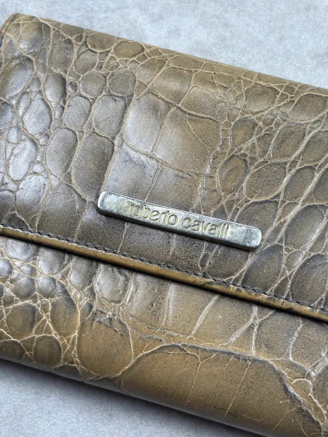 Roberto Cavalli Khaki Crocodile Embossed Leather Wallet QtqNQri 3