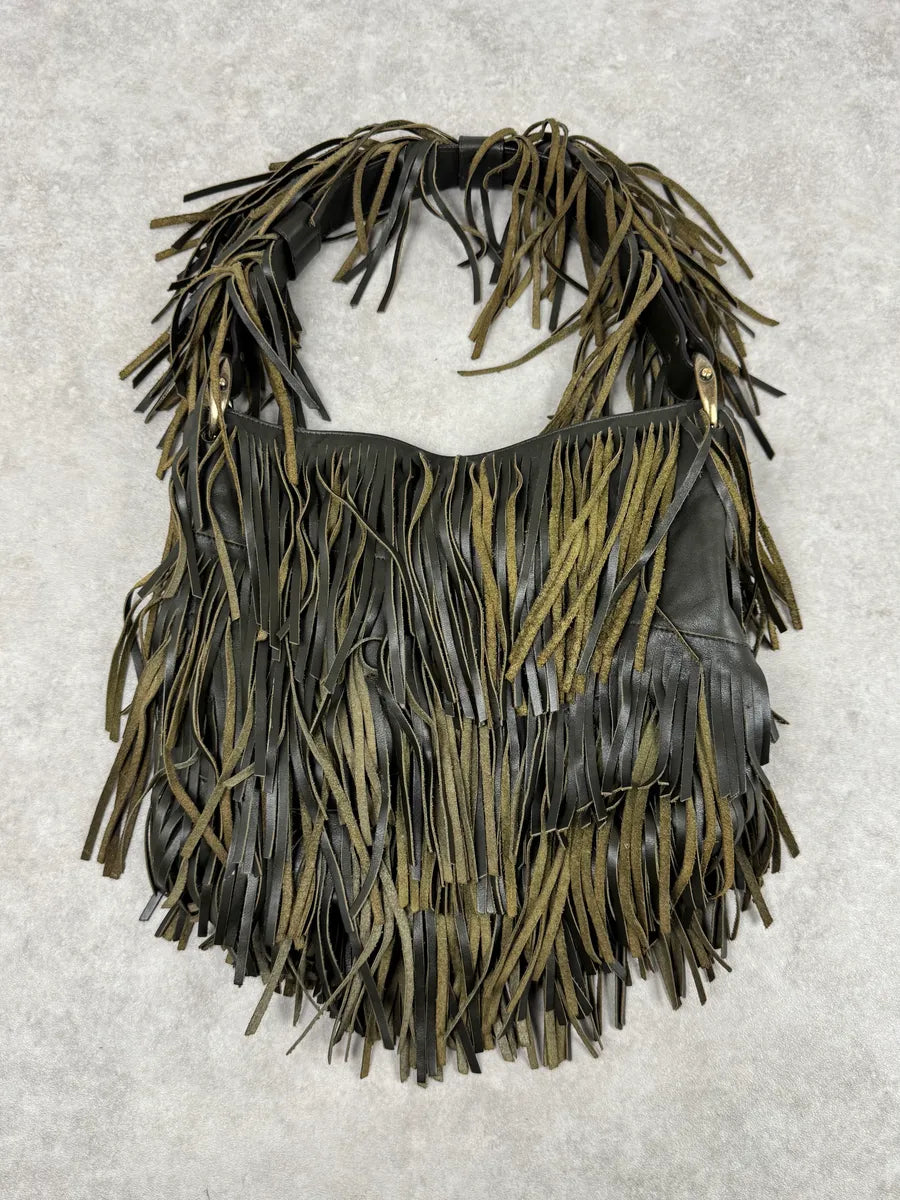 Roberto Cavalli Khaki Leather Full Fringe Handle Bag kNAeoHv 0