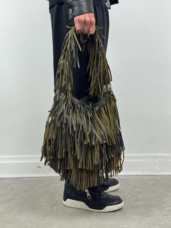 Roberto Cavalli Khaki Leather Full Fringe Handle Bag kNAeoHv 1