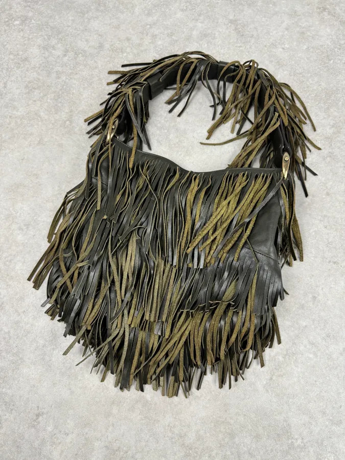 Roberto Cavalli Khaki Leather Full Fringe Handle Bag kNAeoHv 2