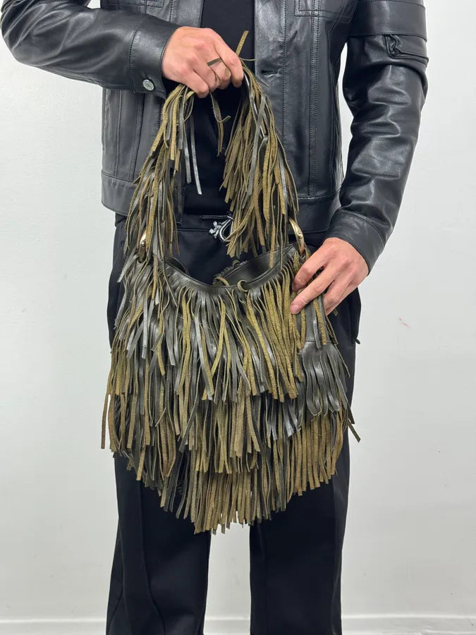 Roberto Cavalli Khaki Leather Full Fringe Handle Bag kNAeoHv 3
