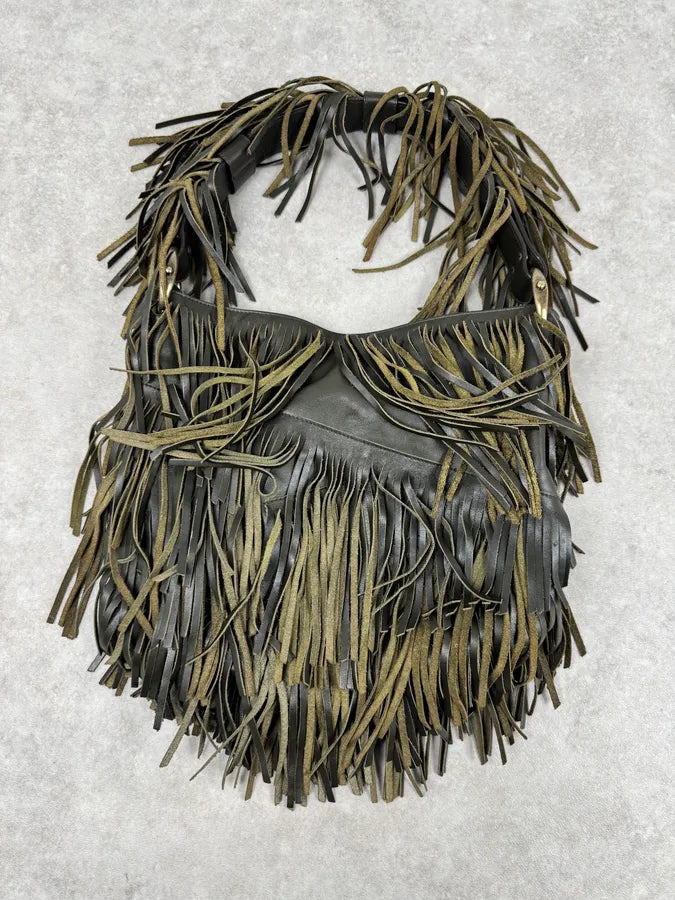 Roberto Cavalli Khaki Leather Full Fringe Handle Bag kNAeoHv 7