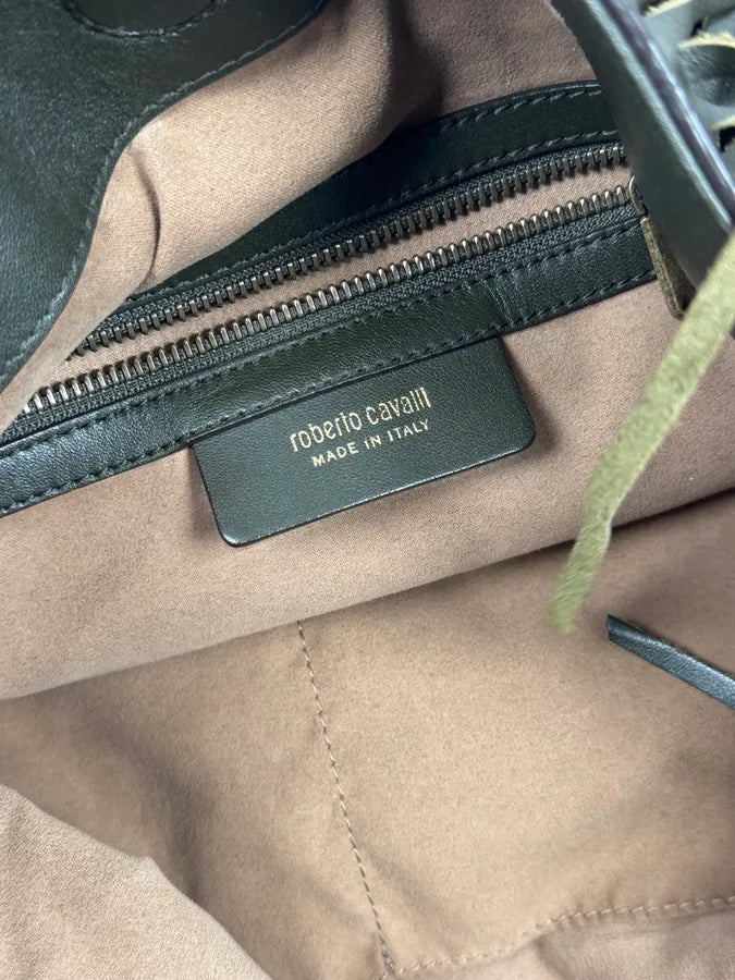 Roberto Cavalli Khaki Leather Full Fringe Handle Bag kNAeoHv 8